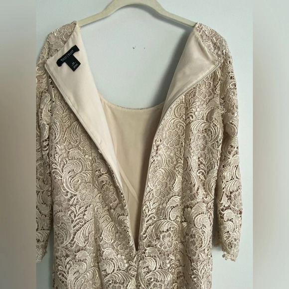 WHITE House Black  Market Champagne Lace 3/4 Sleeve Scoop Neck Dress Size 10 - Picture 8 of 8